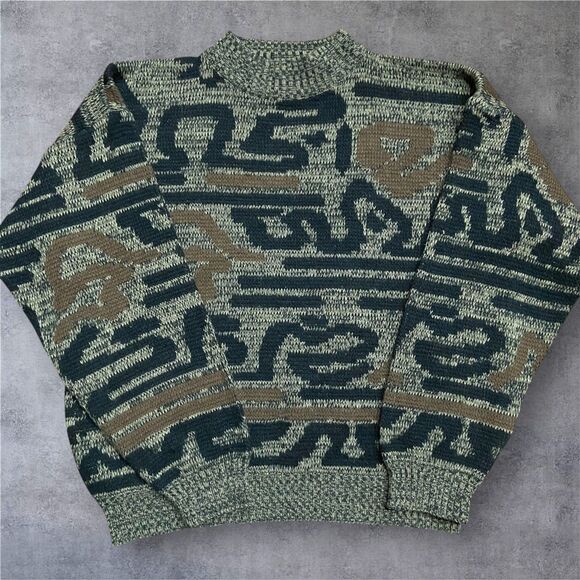 Permit Vintage Skater Abstract Tan Black Crewneck Acrylic Sweater Men's Size M - Picture 1 of 8